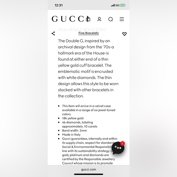 18k yellow gold GUCCI GG running cuff with diamonds size OS - Picture 7 of 8